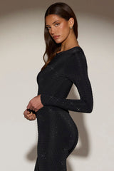 Embellished Crew-Neck Long-Sleeve Top in Black