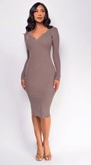 Aura Button Ribbed Midi Dress - Beige