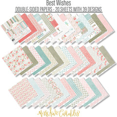 Best Wishes Paper & Sticker Kit, paper and sticker kit spread out image, showing 12x12 scrapbook paper and coordinating stickers for scrapbook layouts, photo albums, memory keeping, cards, and paper crafts. Buyer theme: Friendship & Celebration Scrapbook Paper & Sticker Kit. 12x12 floral paper and sticker kit. Visible artwork includes floral banners, sentiment labels, watercolor roses, ribbon bows. Coordinating patterns include botanical print, diamond lattice, gingham