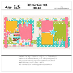 Birthday Cake Pink 12x12 scrapbook page kit shown with birthday cake patterned paper, white polka dot papers, scalloped pink borders, layered birthday cake, colorful birthday candles, pink teal and green stars, birthday cake title phrase, bright photo mats. Designed for Birthday Scrapbook Page Kit, Birthday Cake Scrapbook Layout, two page celebration layout, cake and candle embellishments, playful birthday party theme, pink teal green and yellow palette.