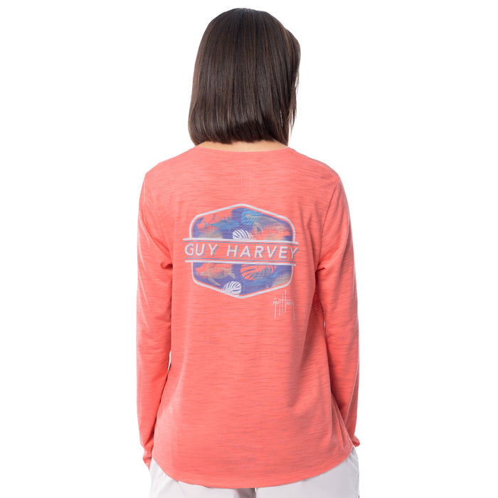 Coral long-sleeve shirt with Guy Harvey Scribble Aquarium design on a white background