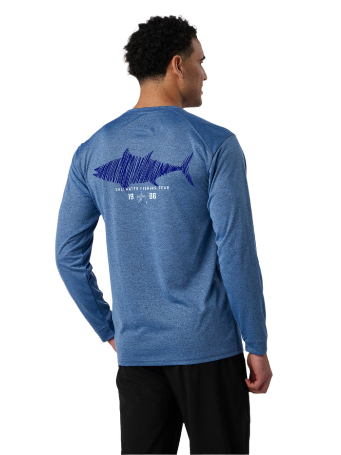 Person wearing a blue long-sleeve shirt with a fish graphic on the back against a white background