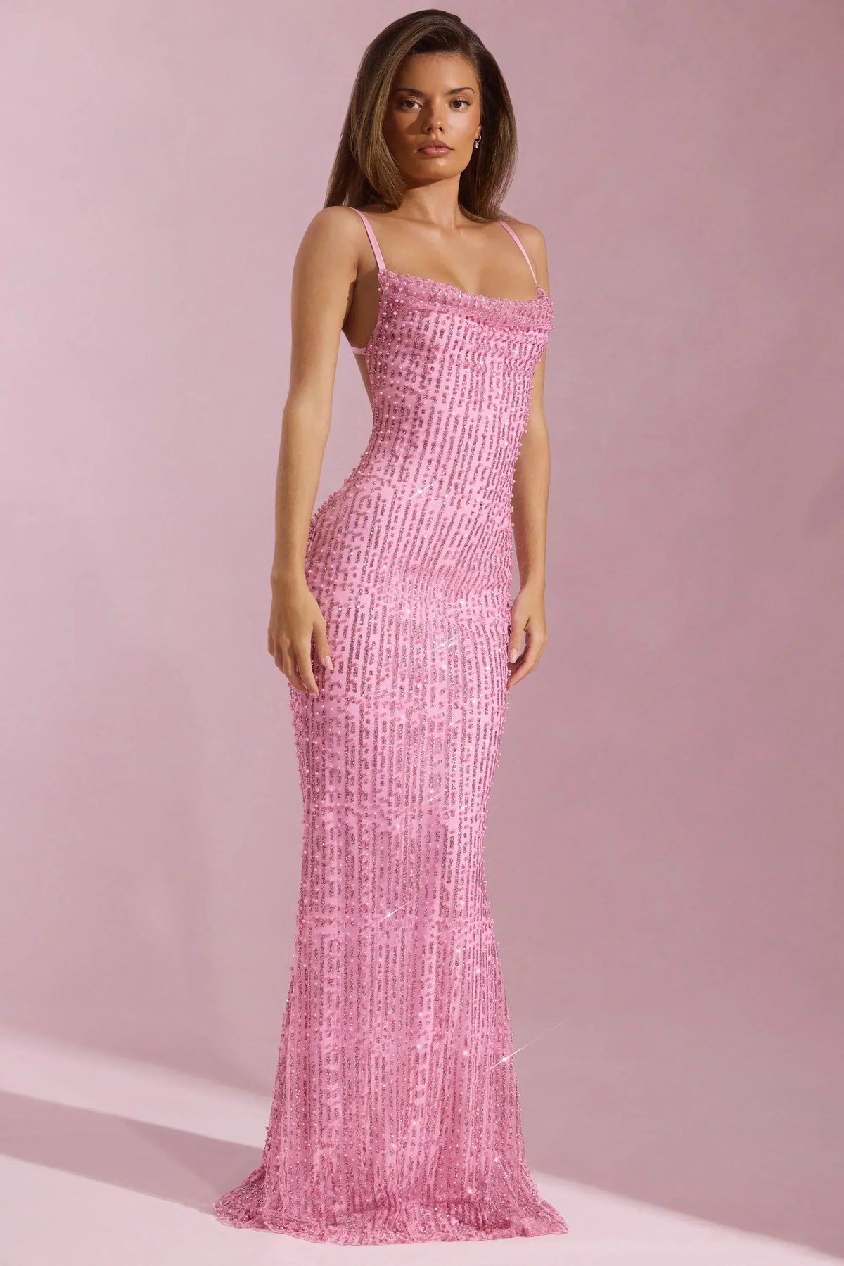 Embellished Cowl-Neck Backless Maxi Dress in Pink