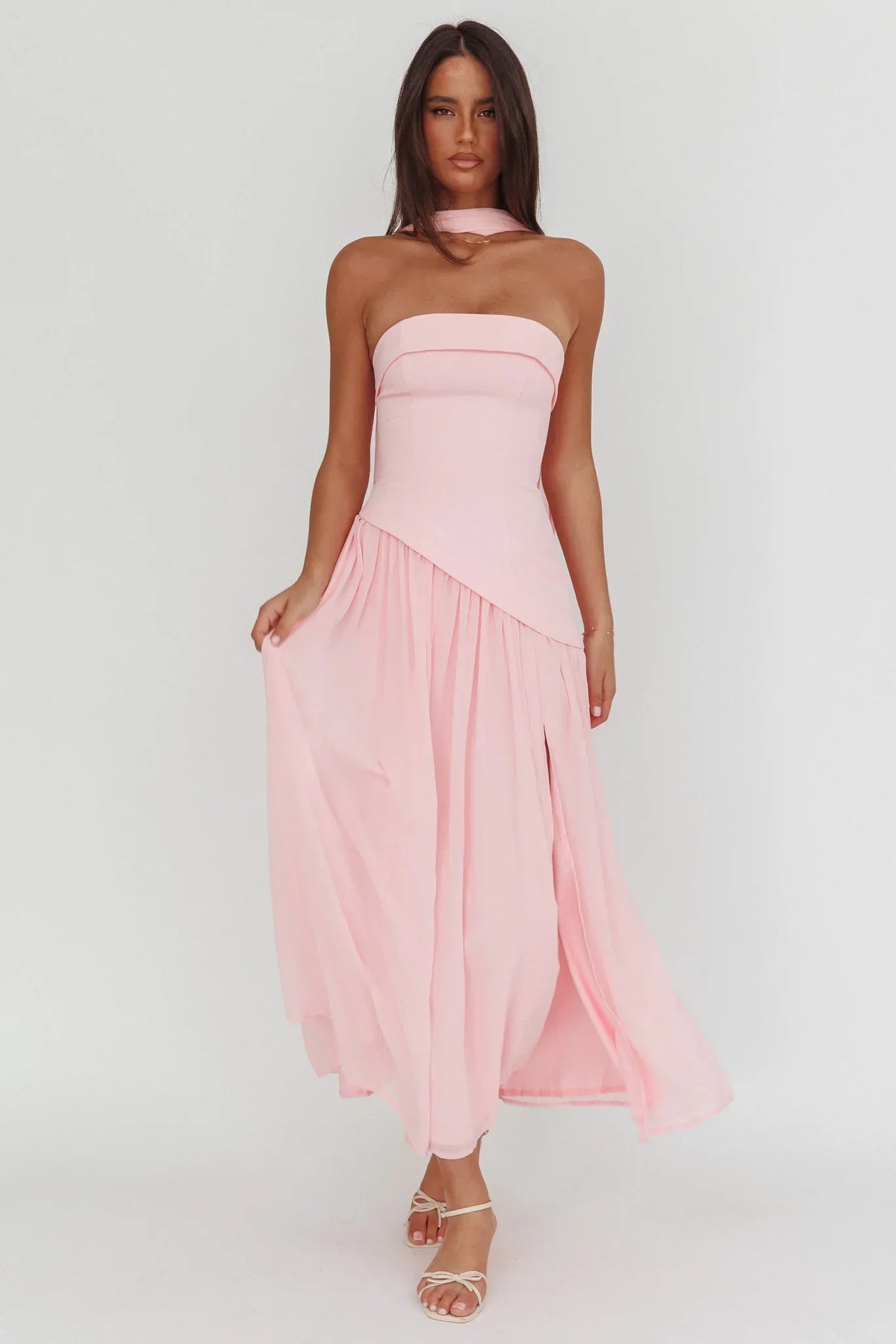 Mariabella Asymmetric Bodice Maxi Dress Pink
