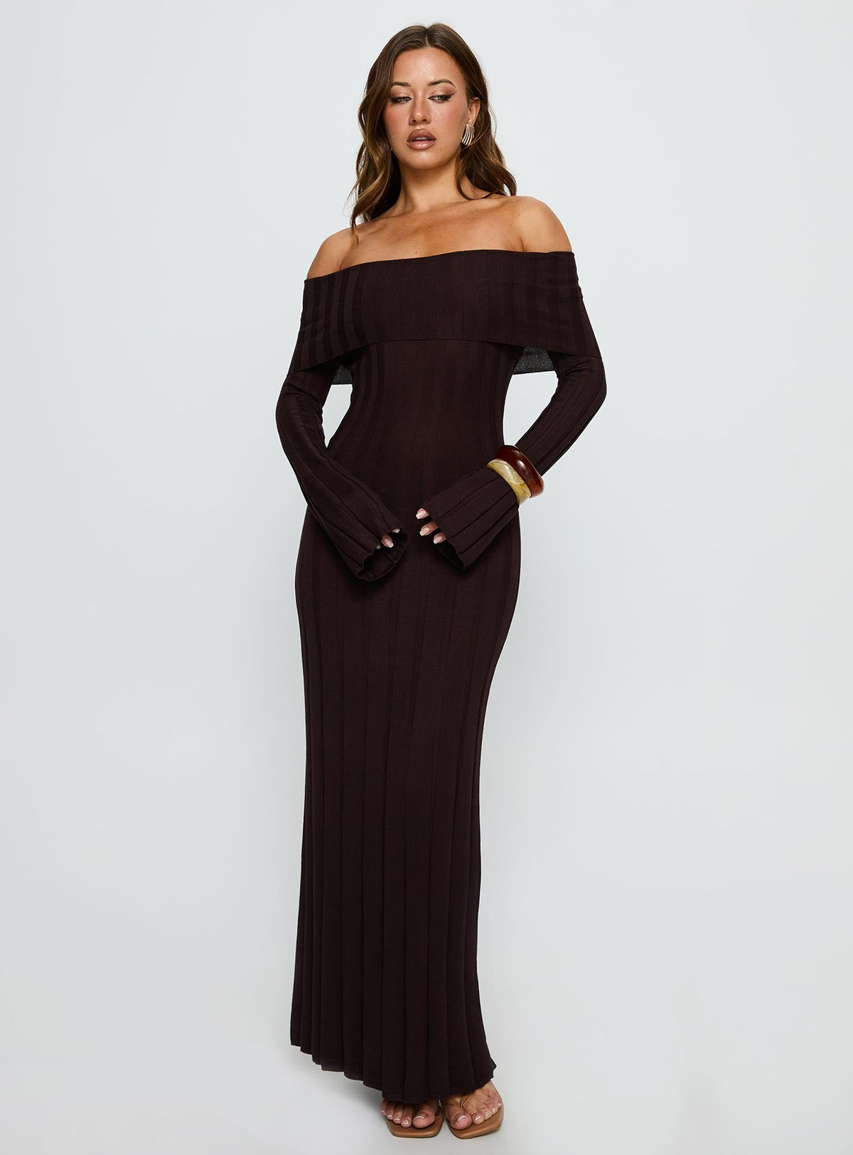 Ellouisa Long Sleeve Rib Maxi Dress Chocolate