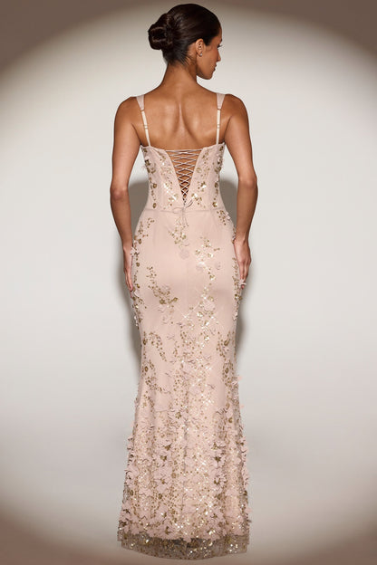 Embellished Appliqué Soft-Scoop Corset Gown in Gold