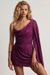 Devoré One-Sleeve A-Line Mini Dress in Berry Purple