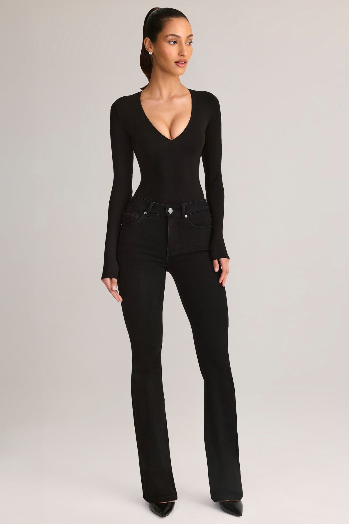 Denim Mid-Rise Flared Jeans in Black