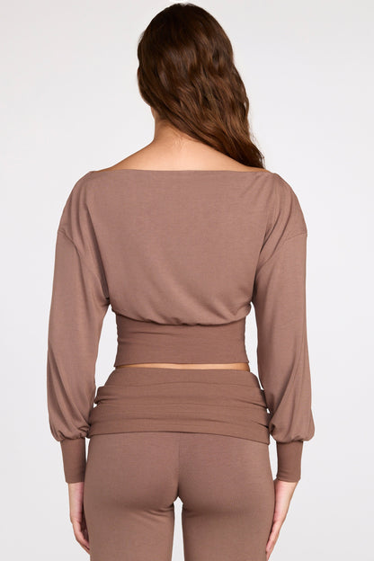 Modal Off-Shoulder Long-Sleeve Top in Mocha