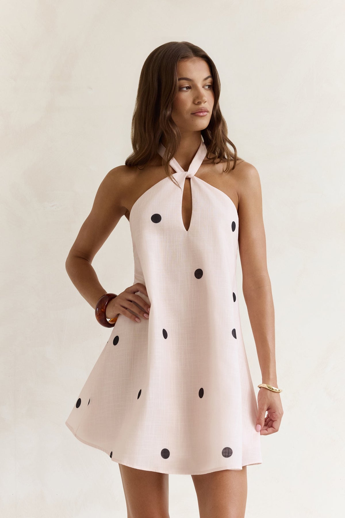Faith In You Polka Dot Halter Mini Dress Beige