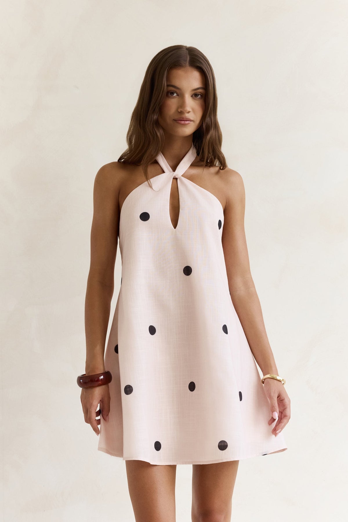 Faith In You Polka Dot Halter Mini Dress Beige