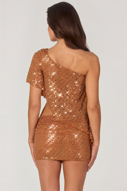 Embellished One-Shoulder Asymmetric Top in Bronze