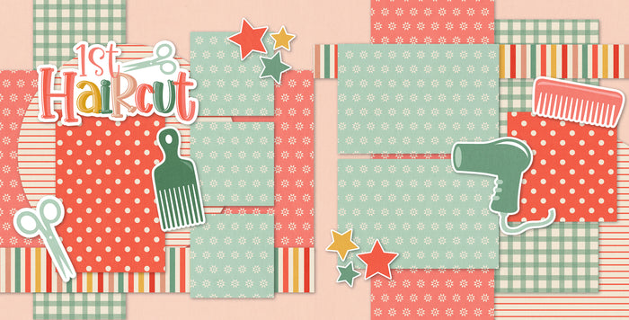 1St Haircut Pink scrapbook page kit — coordinated background patterns and journaling spots, pastel paper embellishments and photo mats, scrapbook layout, scrapbook kit, baby milestone, toddler haircut, first haircut, ready-to-glue title banners and photo frames, scrapbooking ephemera and cardstock cutouts, precut designs for memory journaling, girl scrapbook, boy scrapbook, memory keeper, seasonal scrapbook page kits and die cuts, baby keepsake
