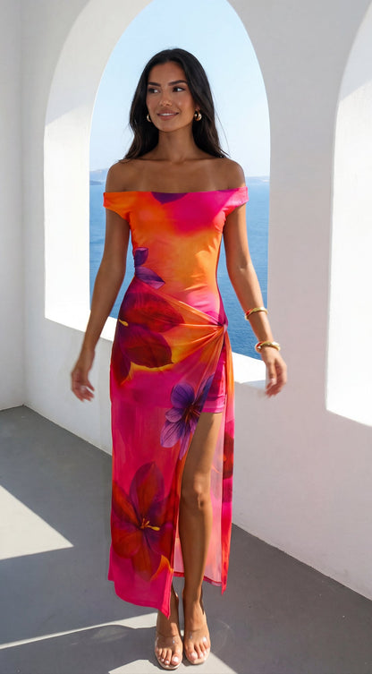 Solmira Mesh Off Shoulder Maxi Dress - Pink Multi