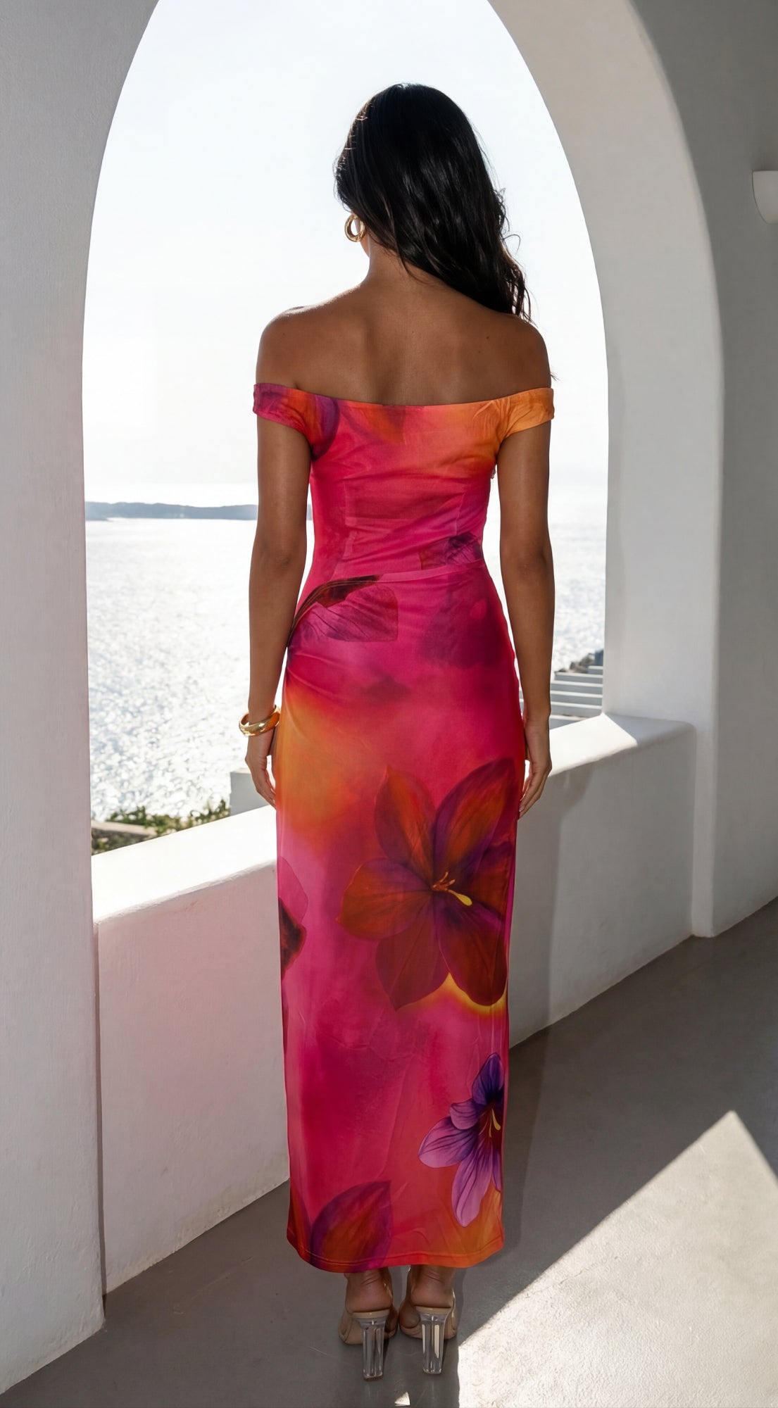 Solmira Mesh Off Shoulder Maxi Dress - Pink Multi