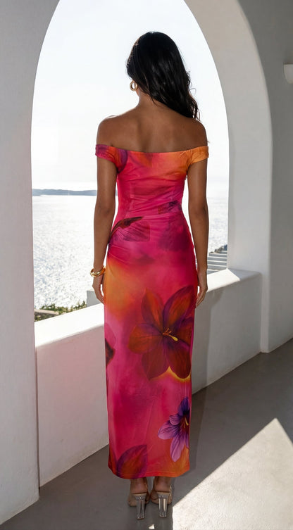Solmira Mesh Off Shoulder Maxi Dress - Pink Multi