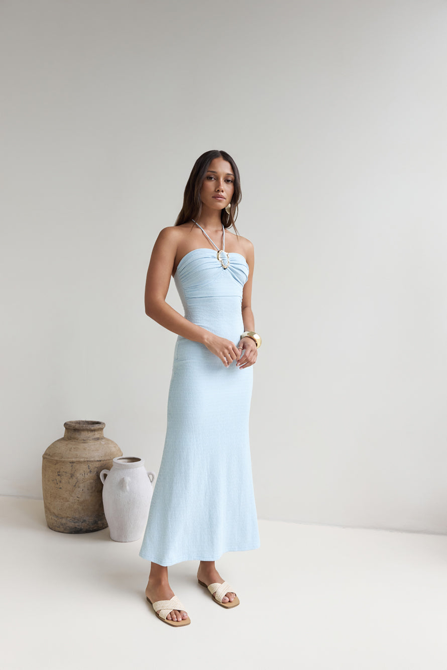 Karmic Blessing Strapless Halter Maxi Dress Blue