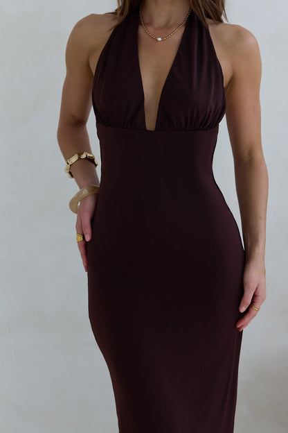Iconic Evening Halter Maxi Dress Brown