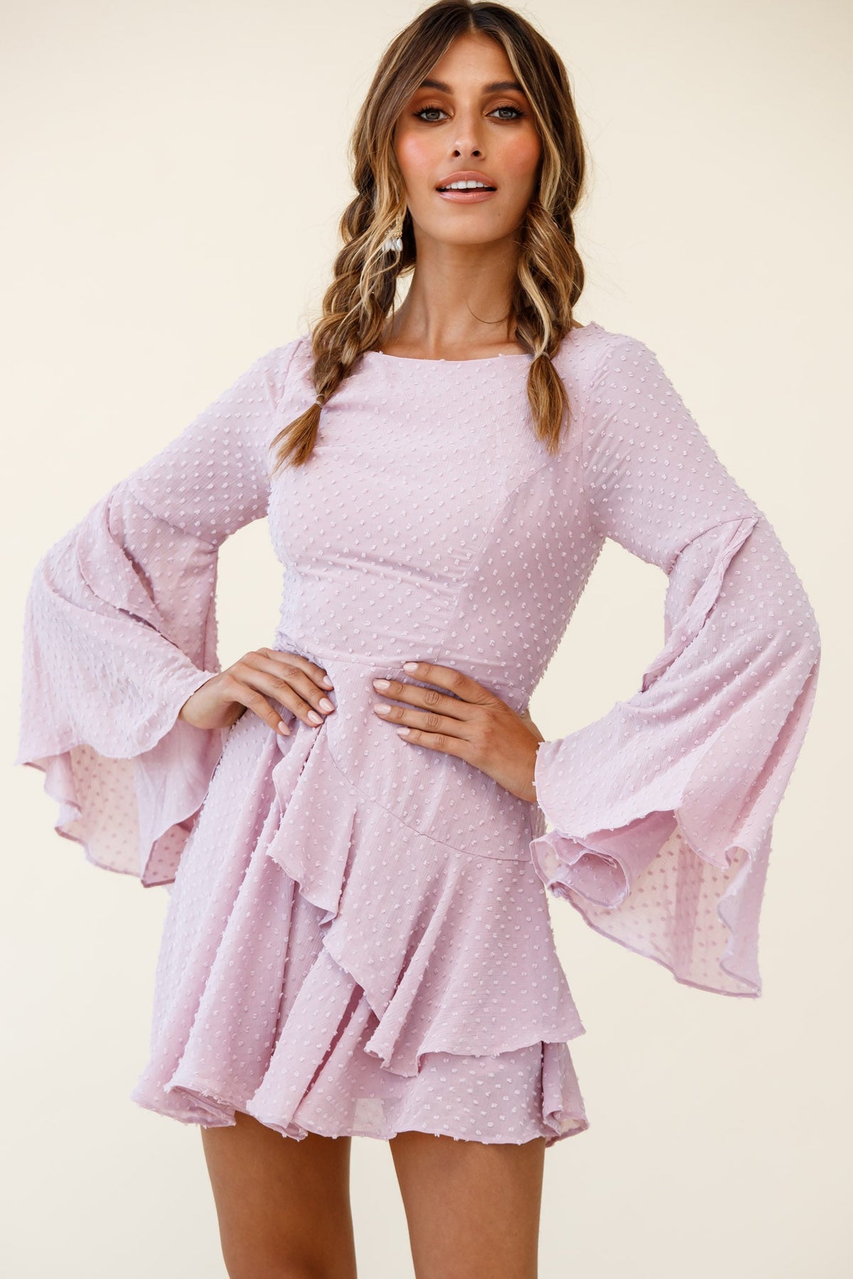 Carlini Flared Sleeve Boat Neckline Dress Blush