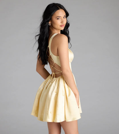 Kimmie Lace-Up Corset Satin Skater Dress