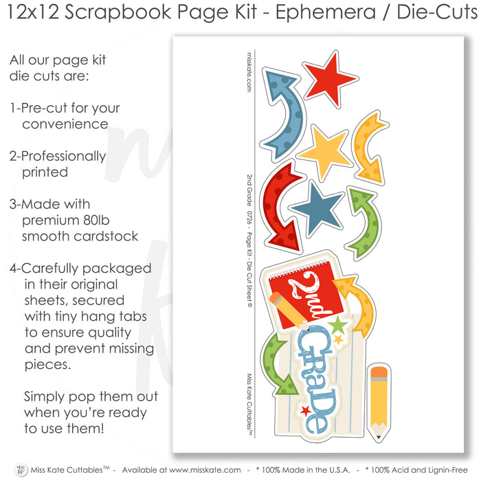 Capture special moments with the 2Nd Grade layout — acid-free double-sided scrapbook supplies, school layout, first day school, ready-to-glue title banners and photo frames, student photos, scrap book kit, school album, school memories, photo mats, precut designs for memory journaling, seasonal scrapbook page kits and die cuts, coordinated background patterns and journaling spots, creative accents for scrapbook storytelling, pastel paper embellishments and photo mats