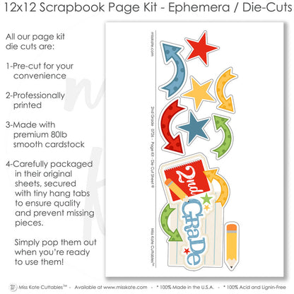 Capture special moments with the 2Nd Grade layout — acid-free double-sided scrapbook supplies, school layout, first day school, ready-to-glue title banners and photo frames, student photos, scrap book kit, school album, school memories, photo mats, precut designs for memory journaling, seasonal scrapbook page kits and die cuts, coordinated background patterns and journaling spots, creative accents for scrapbook storytelling, pastel paper embellishments and photo mats