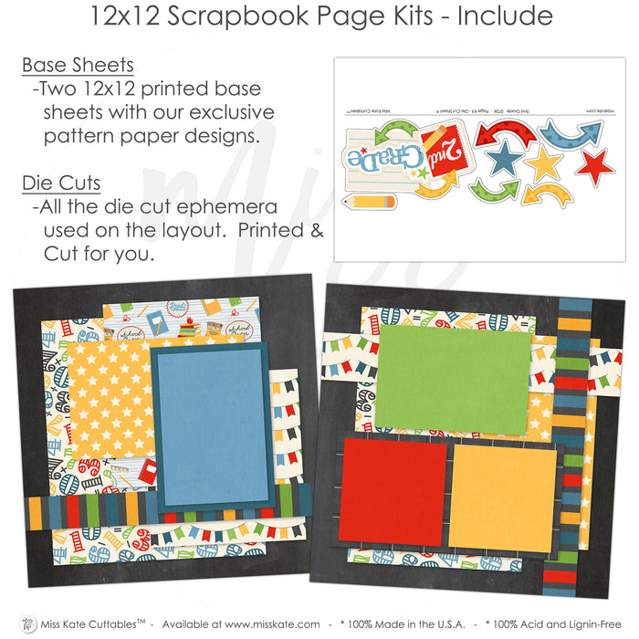 This 2Nd Grade kit features — school album, handmade elements for DIY photo albums, precut designs for memory journaling, creative accents for scrapbook storytelling, first day, scrapbooking ephemera and cardstock cutouts, seasonal scrapbook page kits and die cuts, premade scrapbook pages, acid-free double-sided scrapbook supplies, 2nd grade, ready-to-glue title banners and photo frames, first day school, pastel paper embellishments and photo mats