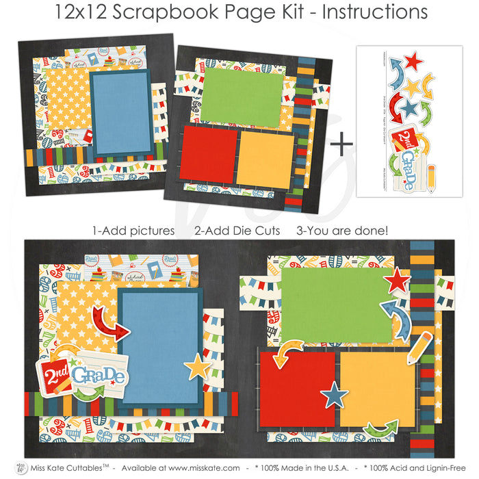 Celebrate your memories with the 2Nd Grade design — school layout, student photos, first day, photo mats, scrapbooking ephemera and cardstock cutouts, acid-free double-sided scrapbook supplies, 2nd grade, scrap book kit, back to school, seasonal scrapbook page kits and die cuts, school album, ready-to-glue title banners and photo frames, precut designs for memory journaling, handmade elements for DIY photo albums, pastel paper embellishments and photo mats