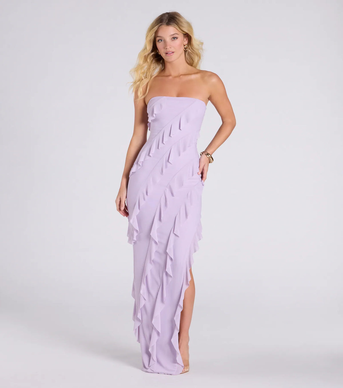 Gabby Formal Mesh Strapless Ruffle Long Dress