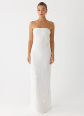 Sassafras Beaded Flower Strapless Maxi Dress - White