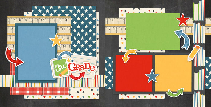 3Rd Grade scrapbook page kit — acid-free double-sided scrapbook supplies, coordinated background patterns and journaling spots, school memories, elementary school, third grade, paper crafting, ready-to-glue title banners and photo frames, handmade elements for DIY photo albums, scrapbook layout kit, school paper, school album, photo mats, teacher gift, scrapbooking ephemera and cardstock cutouts, back to school, pastel paper embellishments and photo mats