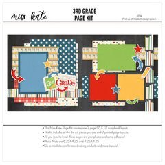 3Rd Grade elementary school scrapbook page kit — acid-free double-sided scrapbook supplies, ready-to-glue title banners and photo frames, student photos, paper crafting, teacher gift, back to school, coordinated background patterns and journaling spots, school album, school memories, premade scrapbook pages, third grade, creative accents for scrapbook storytelling, school paper, photo mats, layered die cut titles for themed layouts, scrapbook layout kit