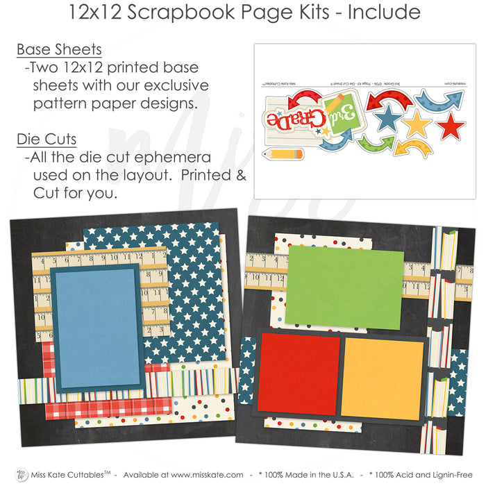 Capture special moments with the 3Rd Grade layout — scrapbook layout kit, paper crafting, seasonal scrapbook page kits and die cuts, back to school, handmade elements for DIY photo albums, student photos, school layout, pastel paper embellishments and photo mats, teacher gift, school memories, school album, ready-to-glue title banners and photo frames, elementary school, acid-free double-sided scrapbook supplies, layered die cut titles for themed layouts