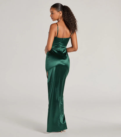 Iliana Cowl Neck High Slit Satin Column Dress