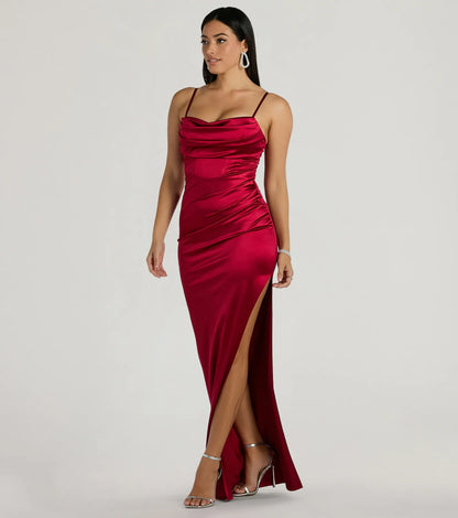 Iliana Cowl Neck High Slit Satin Column Dress