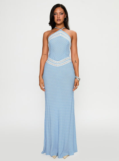 Wild Joy Halter Maxi Dress Blue Polka