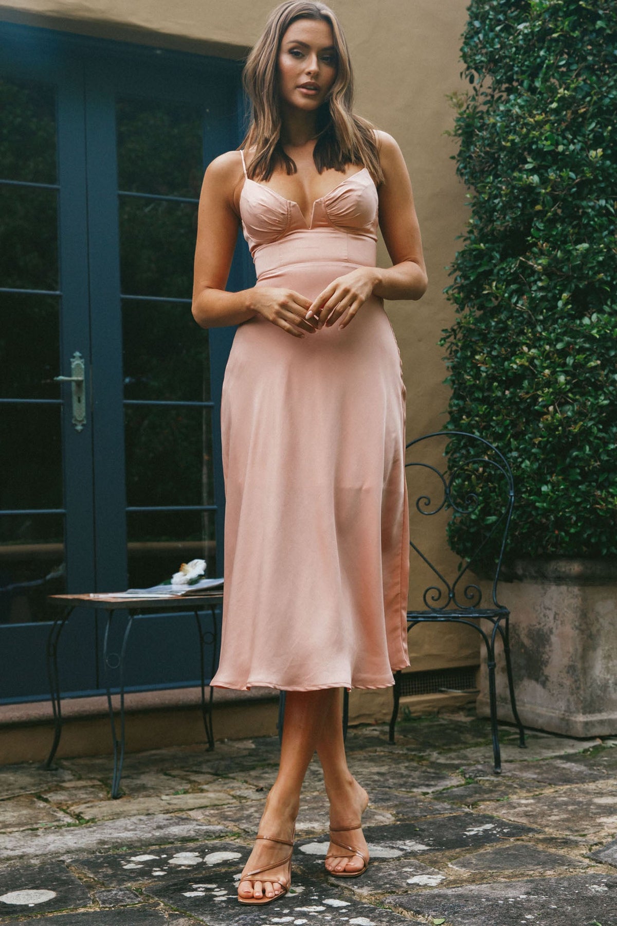 Lake Como Fitted Bodice Cami Strap Midi Dress Peach