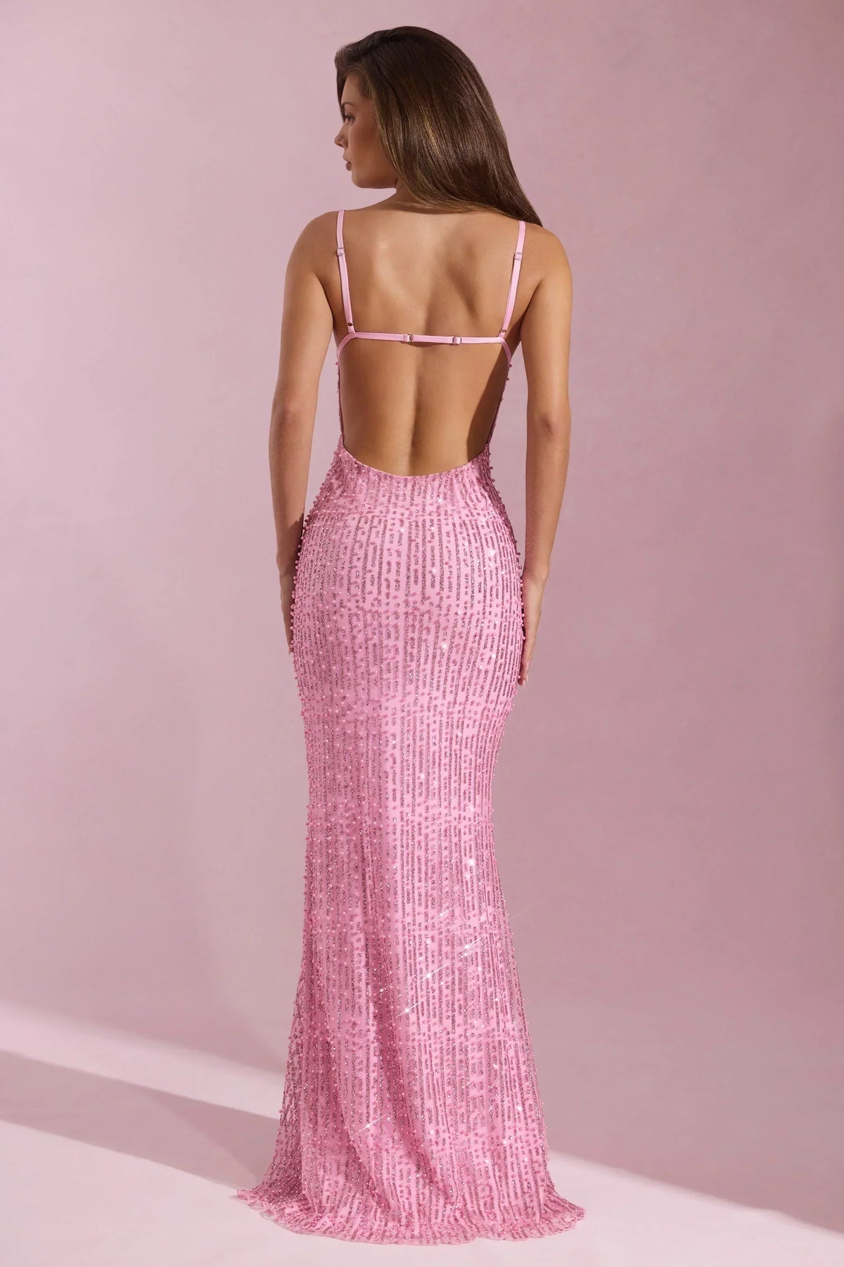 Embellished Cowl-Neck Backless Maxi Dress in Pink