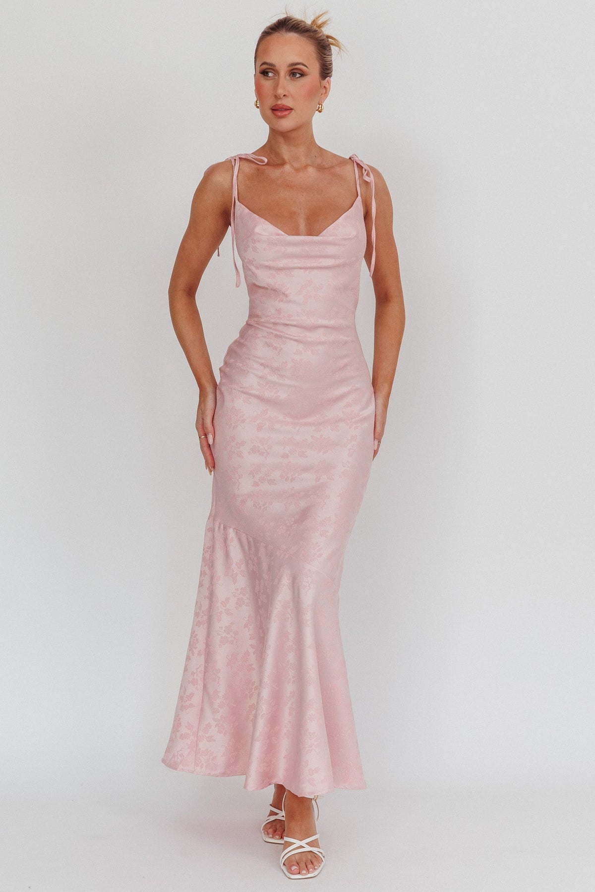 Belonging Cowl Neck Tied Shoulders Maxi Dress Blush