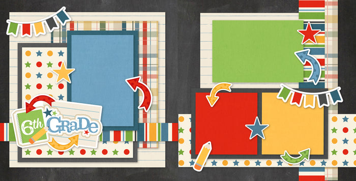 6Th Grade middle school scrapbook page kit — paper crafting kit, back to school, photo mats, school memories, precut designs for memory journaling, student photos, seasonal scrapbook page kits and die cuts, coordinated background patterns and journaling spots, teacher gift, acid-free double-sided scrapbook supplies, school paper, school album, sixth grade, pastel paper embellishments and photo mats, ready-to-glue title banners and photo frames, scrapbooking ephemera and cardstock cutouts