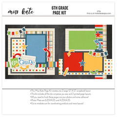 6Th Grade scrapbook page kit — school layout, paper crafting, coordinated background patterns and journaling spots, sixth grade, acid-free double-sided scrapbook supplies, layered die cut titles for themed layouts, seasonal scrapbook page kits and die cuts, ready-to-glue title banners and photo frames, handmade elements for DIY photo albums, school memories, paper crafting kit, photo mats, student photos, pastel paper embellishments and photo mats