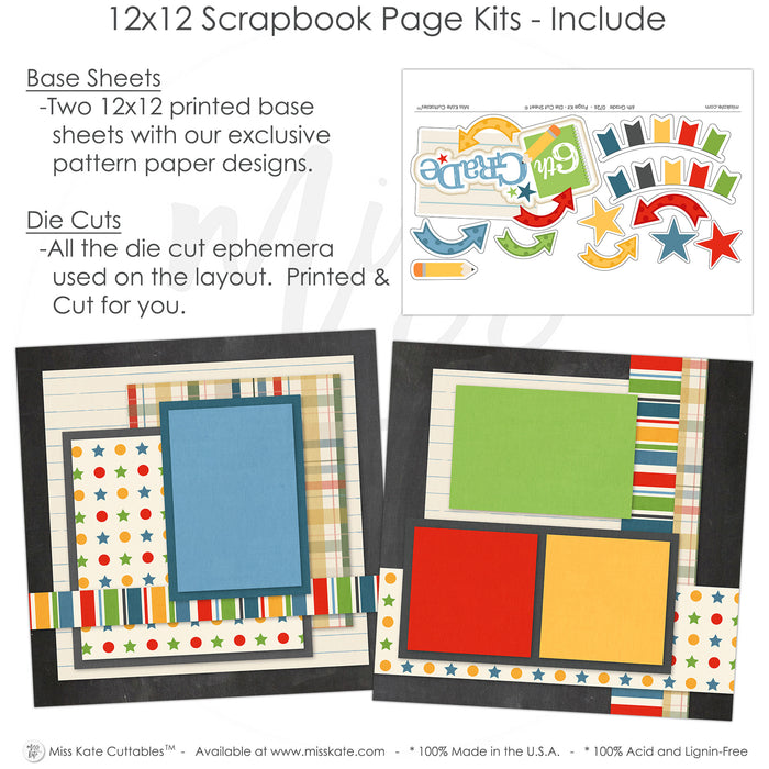 This 6Th Grade kit features — middle school, seasonal scrapbook page kits and die cuts, scrapbook supplies, acid-free double-sided scrapbook supplies, student photos, paper crafting kit, ready-to-glue title banners and photo frames, handmade elements for DIY photo albums, coordinated background patterns and journaling spots, school paper, school layout, school memories, layered die cut titles for themed layouts, sixth grade, teacher gift, back to school