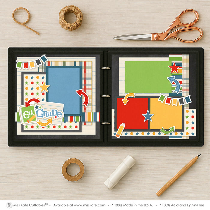 Mark the moment using our 6Th Grade page kit — scrapbooking ephemera and cardstock cutouts, seasonal scrapbook page kits and die cuts, school layout, sixth grade, paper crafting, photo mats, school paper, teacher gift, handmade elements for DIY photo albums, precut designs for memory journaling, paper crafting kit, coordinated background patterns and journaling spots, layered die cut titles for themed layouts, acid-free double-sided scrapbook supplies