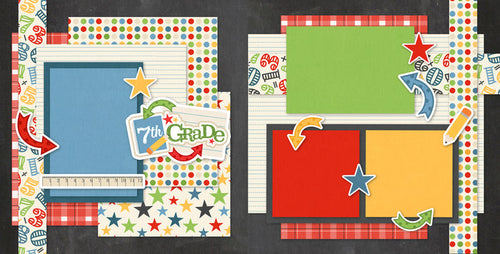 7Th Grade junior high scrapbook page kit — school layout, premade scrapbook pages, layered die cut titles for themed layouts, scrapbooking ephemera and cardstock cutouts, photo mats, teacher gift, scrapbook supplies, precut designs for memory journaling, creative accents for scrapbook storytelling, paper crafting, pastel paper embellishments and photo mats, school album, acid-free double-sided scrapbook supplies, student photos, coordinated background patterns and journaling spots