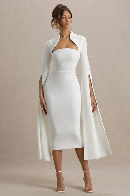 Linden | White Bodycon Cape-Sleeve Midi Dress