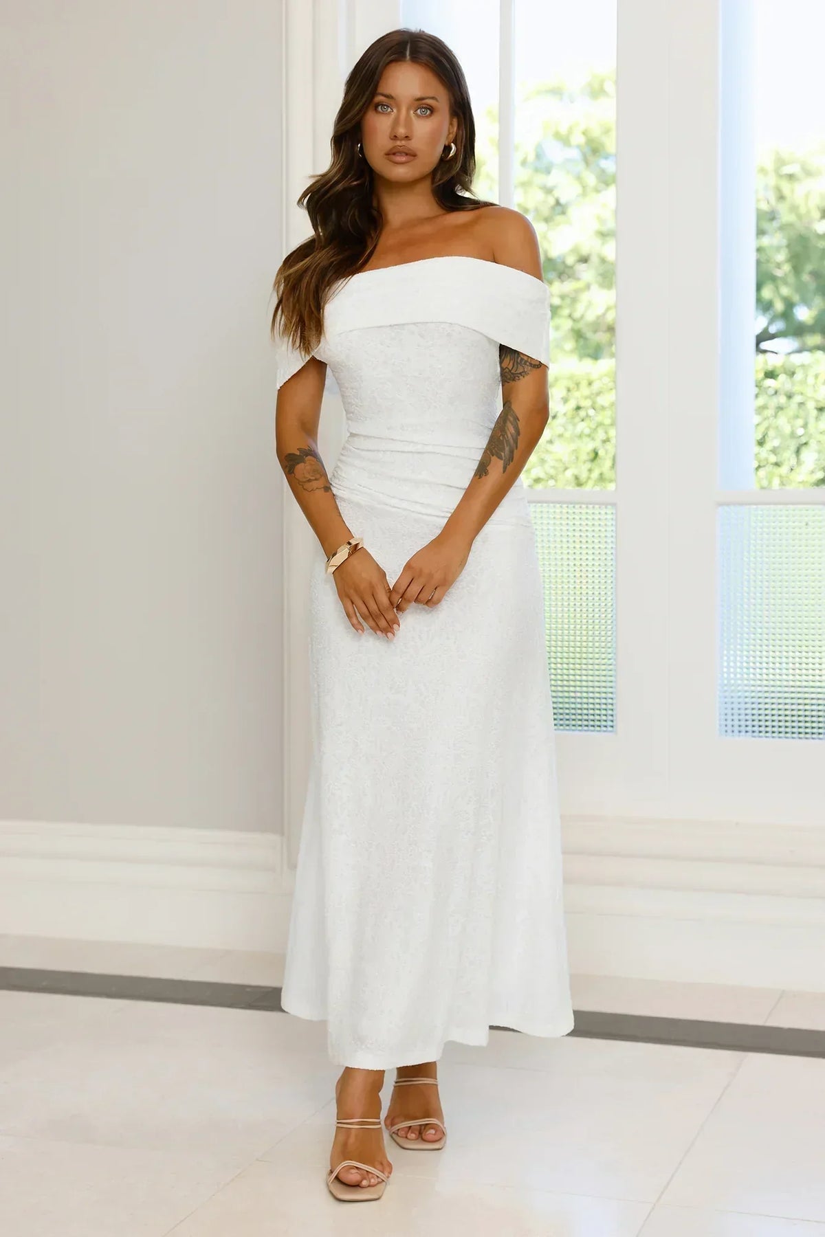First Class Finish Off Shoulder Maxi Dress