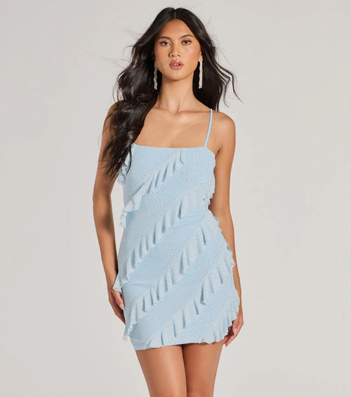 Glitzy Cutie Rhinestone Ruffled Mesh Mini Dress
