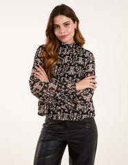 Bubble Hem High Neck Printed Top