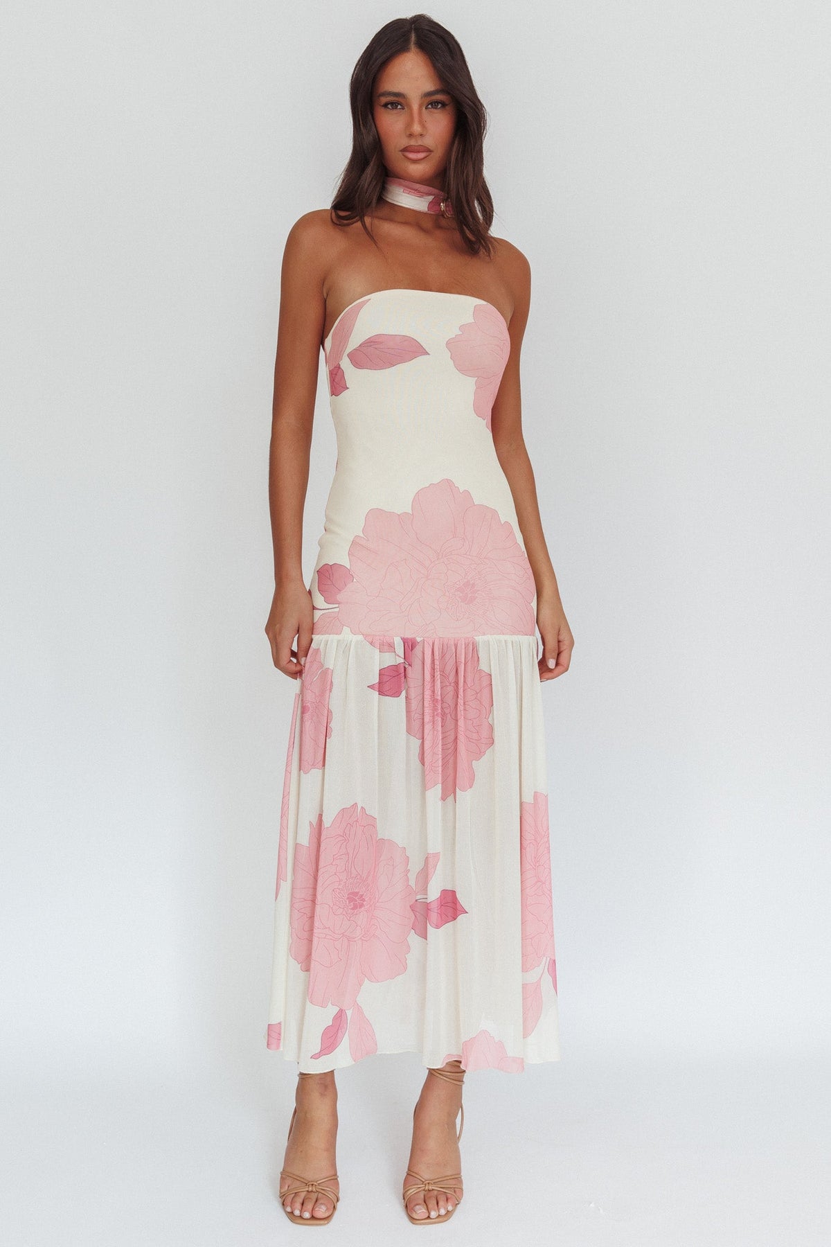 Antonella Strapless Waist Sash Maxi Dress Floral Pink