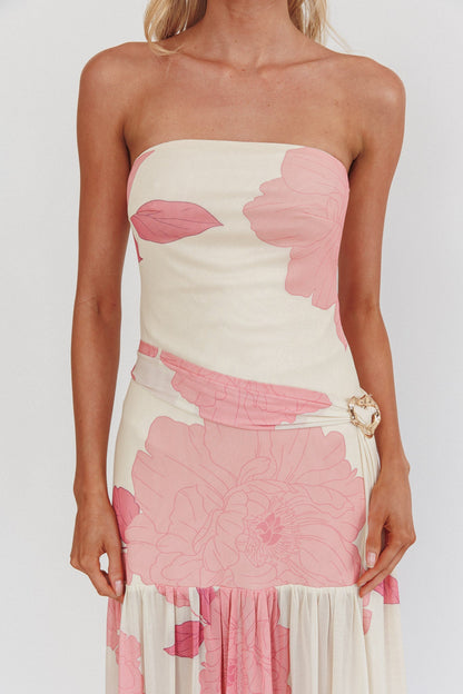 Antonella Strapless Waist Sash Maxi Dress Floral Pink